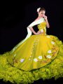 Sweetheart Sleeveless Organza Quinceanera Dress Embroidery and Ruffles Brush Train Lace Up