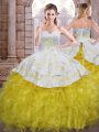 Yellow And White Sweetheart Lace Up Beading and Appliques and Ruffles Quinceanera Gown Sleeveless
