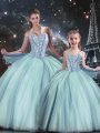 Sophisticated Tulle Sweetheart Sleeveless Lace Up Beading Quinceanera Dress in Light Blue