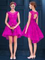 Fuchsia A-line Lace and Belt Bridesmaids Dress Lace Up Satin and Tulle Sleeveless High Low