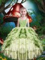 Modern Yellow Green Ball Gowns Organza Straps Short Sleeves Beading and Ruffles and Ruffled Layers Floor Length Lace Up Girls Pageant Dresses