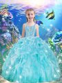 Traditional Ball Gowns Little Girls Pageant Dress Wholesale Aqua Blue Straps Organza Sleeveless Floor Length Lace Up