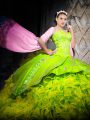 Delicate Yellow Green Sleeveless Brush Train Embroidery and Ruffles Ball Gown Prom Dress