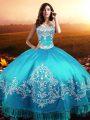 Cute Sleeveless Floor Length Beading and Appliques Lace Up Quinceanera Gown with Aqua Blue