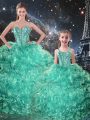 Spectacular Turquoise Organza Lace Up Sweetheart Sleeveless Floor Length Quince Ball Gowns Beading and Ruffles
