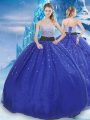 Pretty Strapless Sleeveless Quinceanera Dresses Floor Length Beading and Sequins Royal Blue Tulle