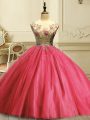 Coral Red Ball Gowns Scoop Sleeveless Tulle Floor Length Lace Up Appliques and Sequins Ball Gown Prom Dress
