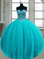 Beading Quince Ball Gowns Aqua Blue Lace Up Sleeveless Floor Length
