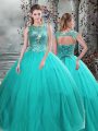 Turquoise Tulle Lace Up Scoop Sleeveless Floor Length Sweet 16 Dresses Beading