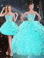 Chic Aqua Blue Organza Lace Up Strapless Sleeveless Floor Length Quinceanera Gown Beading and Ruffles
