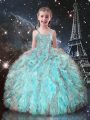 Aqua Blue Lace Up Straps Beading and Ruffles Pageant Gowns Organza Sleeveless