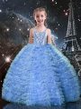 Smart Baby Blue Lace Up Straps Beading and Ruffled Layers Glitz Pageant Dress Tulle Sleeveless