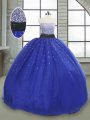 Romantic Sleeveless Tulle Floor Length Lace Up 15th Birthday Dress in Royal Blue with Beading and Sequins