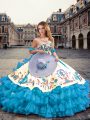 Superior Sleeveless Organza Floor Length Lace Up Quince Ball Gowns in Aqua Blue with Embroidery and Ruffled Layers