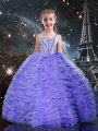 Nice Lavender Little Girls Pageant Dress Wholesale Quinceanera and Wedding Party with Beading and Ruffled Layers Straps Short Sleeves Lace Up