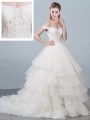Organza Sleeveless Bridal Gown Brush Train and Lace and Ruffled Layers