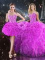 Fuchsia Sweetheart Neckline Beading and Ruffles Sweet 16 Quinceanera Dress Sleeveless Lace Up
