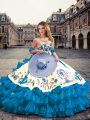 Dramatic Sleeveless Organza and Taffeta Floor Length Lace Up Quinceanera Gown in Blue And White with Embroidery and Ruffled Layers