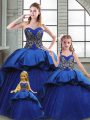 Blue Sleeveless Court Train Beading and Appliques and Embroidery Quinceanera Gowns