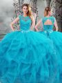 Unique Tulle Scoop Sleeveless Lace Up Beading and Ruffles Vestidos de Quinceanera in Baby Blue