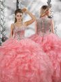 Perfect Straps Sleeveless Quinceanera Gowns Floor Length Beading and Ruffles Watermelon Red Organza