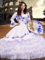 Superior Royal Blue Lace Up Quince Ball Gowns Embroidery and Ruffled Layers Long Sleeves Floor Length