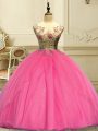 Organza Scoop Sleeveless Lace Up Appliques Quinceanera Dresses in Rose Pink