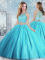 Aqua Blue Ball Gowns Scoop Sleeveless Tulle Floor Length Clasp Handle Beading and Sequins Quinceanera Gowns