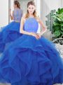 Top Selling Tulle Scoop Sleeveless Zipper Lace and Ruffles Quinceanera Gowns in Blue