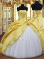Gorgeous Floor Length Lace Up Ball Gown Prom Dress Gold for Military Ball and Sweet 16 and Quinceanera with Beading and Hand Made Flower