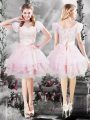 Deluxe Knee Length Baby Pink Prom Evening Gown V-neck Short Sleeves Lace Up