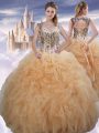 Decent Champagne Ball Gowns Sweetheart Sleeveless Organza Floor Length Lace Up Beading and Ruffles 15th Birthday Dress