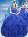 Amazing Bateau Sleeveless Organza Ball Gown Prom Dress Ruffles and Sequins Lace Up