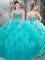 New Style Floor Length Lace Up Quinceanera Gown Aqua Blue for Military Ball and Sweet 16 and Quinceanera with Beading and Appliques and Pick Ups