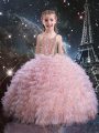 Low Price Pink Organza Lace Up Straps Short Sleeves Floor Length Pageant Dress Womens Beading and Ruffles