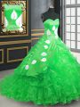 Green Ball Gowns Sweetheart Sleeveless Organza Brush Train Lace Up Embroidery and Ruffles Quinceanera Dress