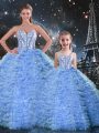 Dramatic Sweetheart Sleeveless Ball Gown Prom Dress Floor Length Beading and Ruffles Blue Tulle