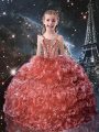 Traditional Beading and Ruffles Kids Pageant Dress Watermelon Red Lace Up Sleeveless Floor Length
