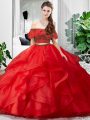 Flare Sleeveless Floor Length Lace and Ruffles Lace Up Quinceanera Gown with Red