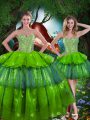 Sleeveless Floor Length Beading and Ruffled Layers Lace Up Vestidos de Quinceanera with Olive Green