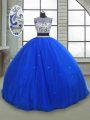 Floor Length Lace Up Quinceanera Gown Royal Blue for Military Ball and Sweet 16 and Quinceanera with Beading