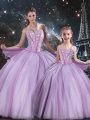 Hot Sale Beading Quince Ball Gowns Lavender Lace Up Sleeveless Floor Length