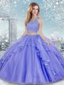Floor Length Clasp Handle Quince Ball Gowns Lavender for Military Ball and Sweet 16 and Quinceanera with Beading and Lace