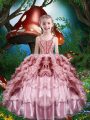 Graceful Floor Length Baby Pink Child Pageant Dress Organza Sleeveless Beading and Ruffles and Ruffled Layers