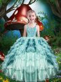 Floor Length Aqua Blue Little Girl Pageant Dress Organza Sleeveless Beading and Ruffles and Ruffled Layers