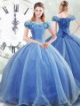 Customized Off The Shoulder Sleeveless Brush Train Lace Up Quinceanera Dress Light Blue Organza