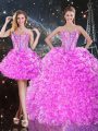 Delicate Three Pieces Quinceanera Gowns Fuchsia Sweetheart Organza Sleeveless Floor Length Lace Up