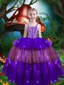 Traditional Purple Ball Gowns Organza Straps Sleeveless Beading and Ruffled Layers Floor Length Lace Up Little Girls Pageant Gowns
