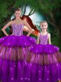 Beading and Ruffled Layers 15th Birthday Dress Purple Lace Up Sleeveless Floor Length