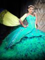 Organza Sweetheart Sleeveless Brush Train Lace Up Embroidery and Ruffles 15 Quinceanera Dress in Turquoise